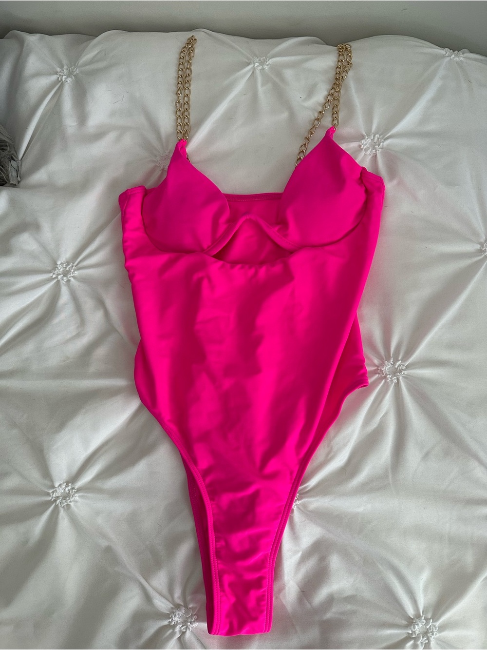 Hot Pink One-Piece Swimsuit with Gold Chain Straps (Brand New: Never Worn!)